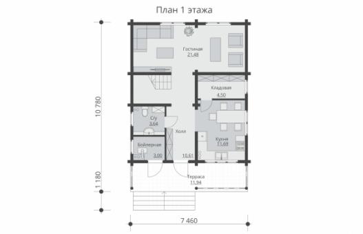 Одноэтажный дом с мансардой, террасой и балконом