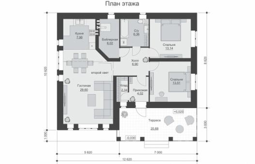 Одноэтажный дом с террасой, 3 спальнями и отделкой облицовочным кирпичом
