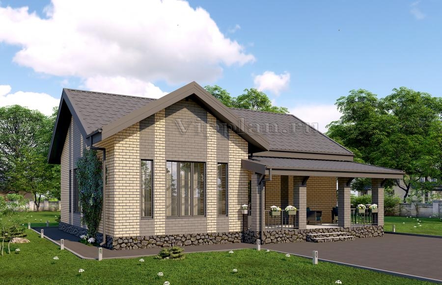 Одноэтажный дом с террасой, 3 спальнями и отделкой облицовочным кирпичом